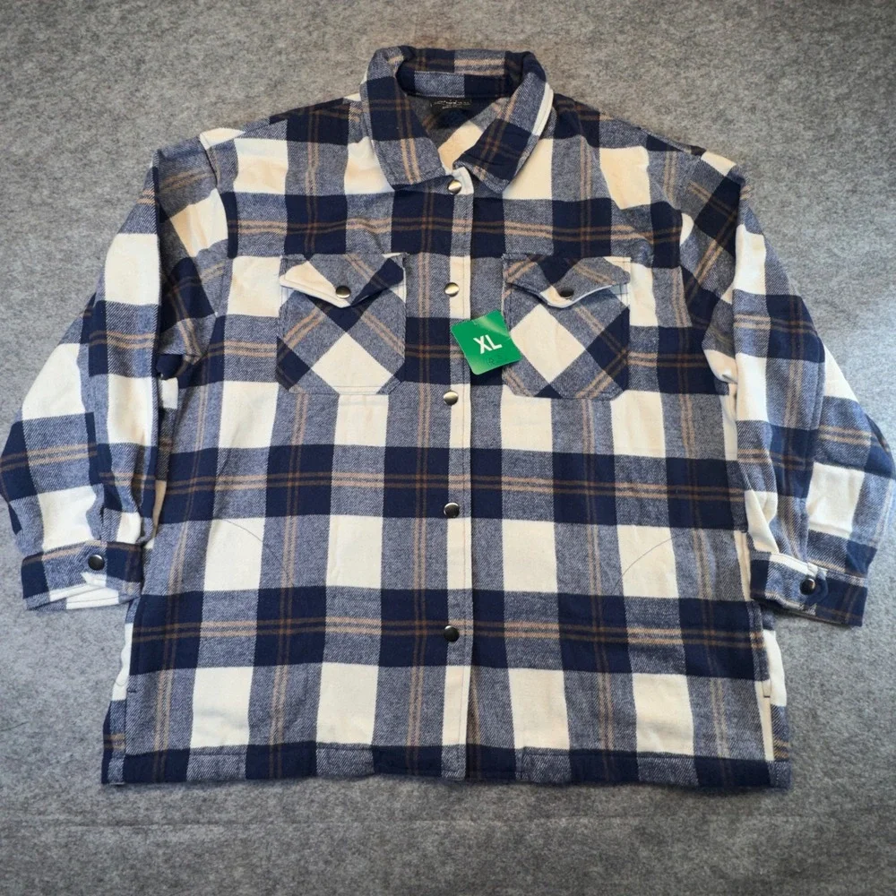 HFX Womens Navy Blue Plaid Flannel Snap‎ Front Shacket Jacket XL